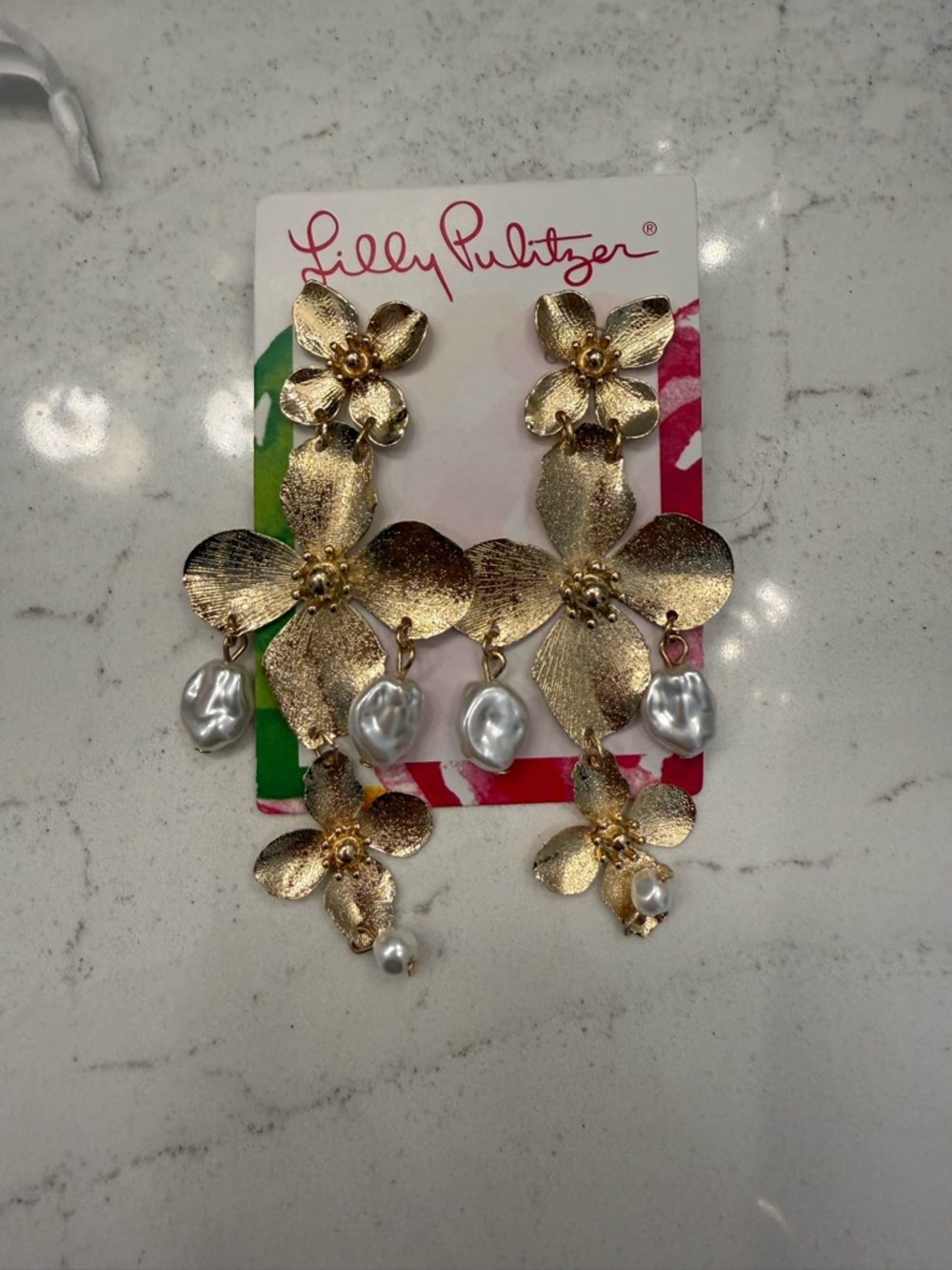 Lilly Pulitzer Gold Floral Dangle Earrings with Pearl Drops